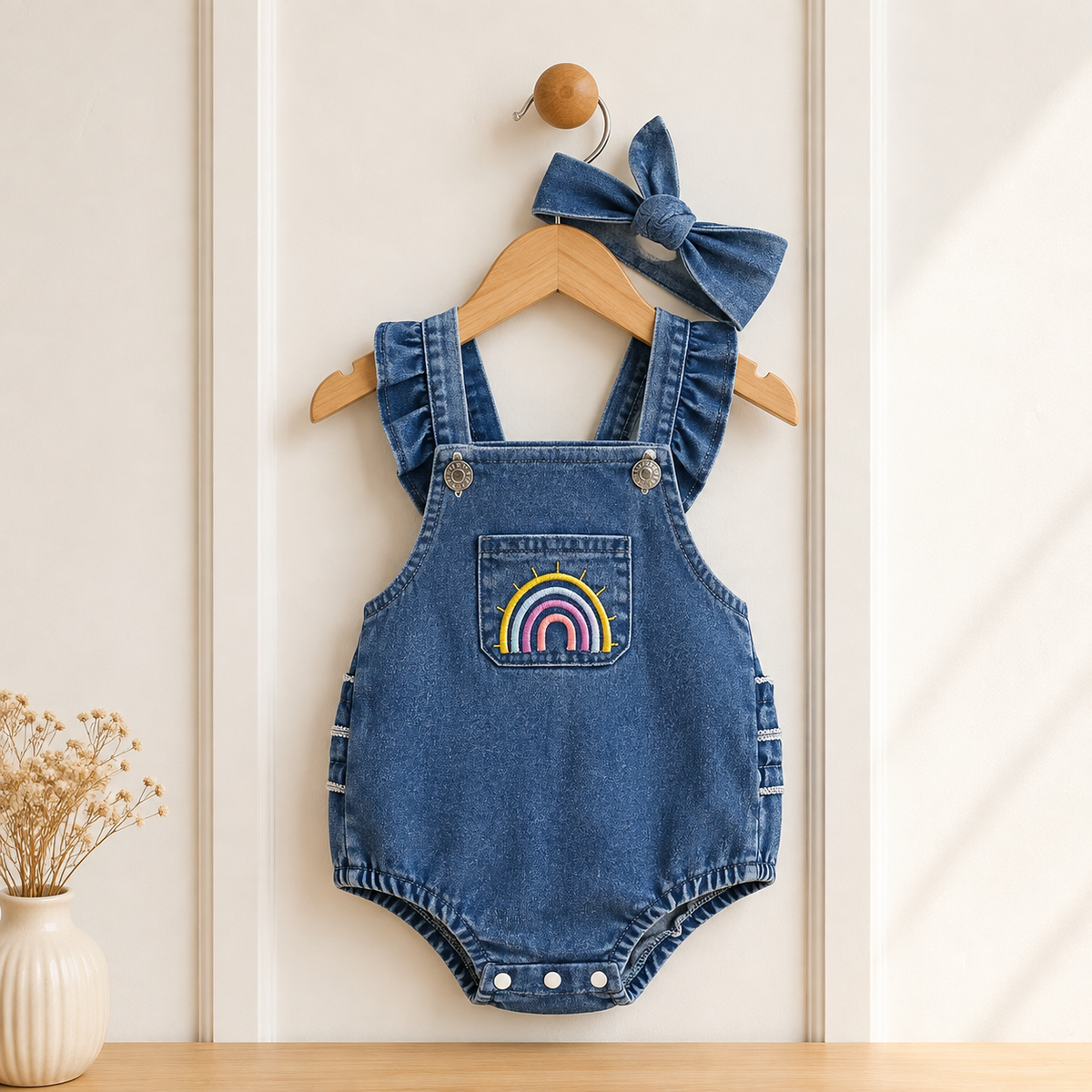 Vintage Jeans-Strampler mit Regenbogen-Stickerei