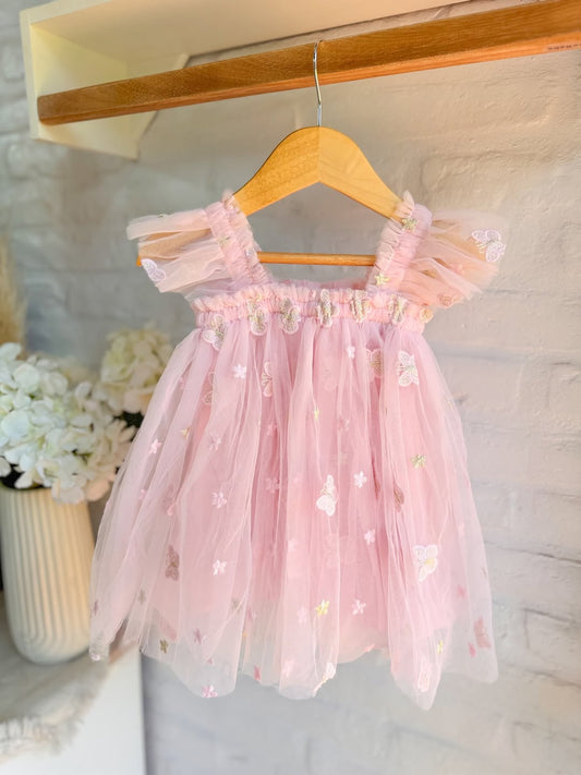 Kinderkleid „Mariposa“ mit Tüll und Blumenstickerei – Rosa & Beige