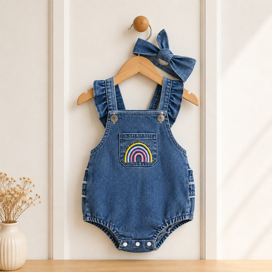Vintage Jeans-Strampler mit Regenbogen-Stickerei