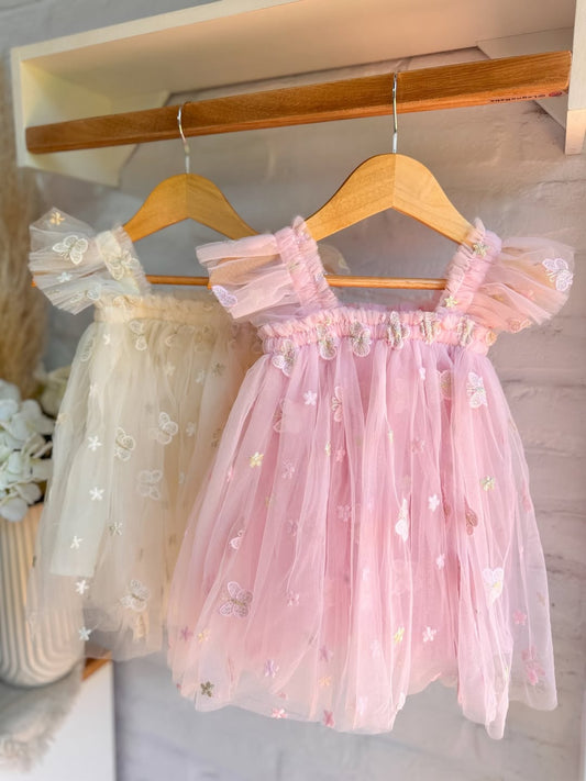 Kinderkleid „Mariposa“ mit Tüll und Blumenstickerei – Rosa & Beige
