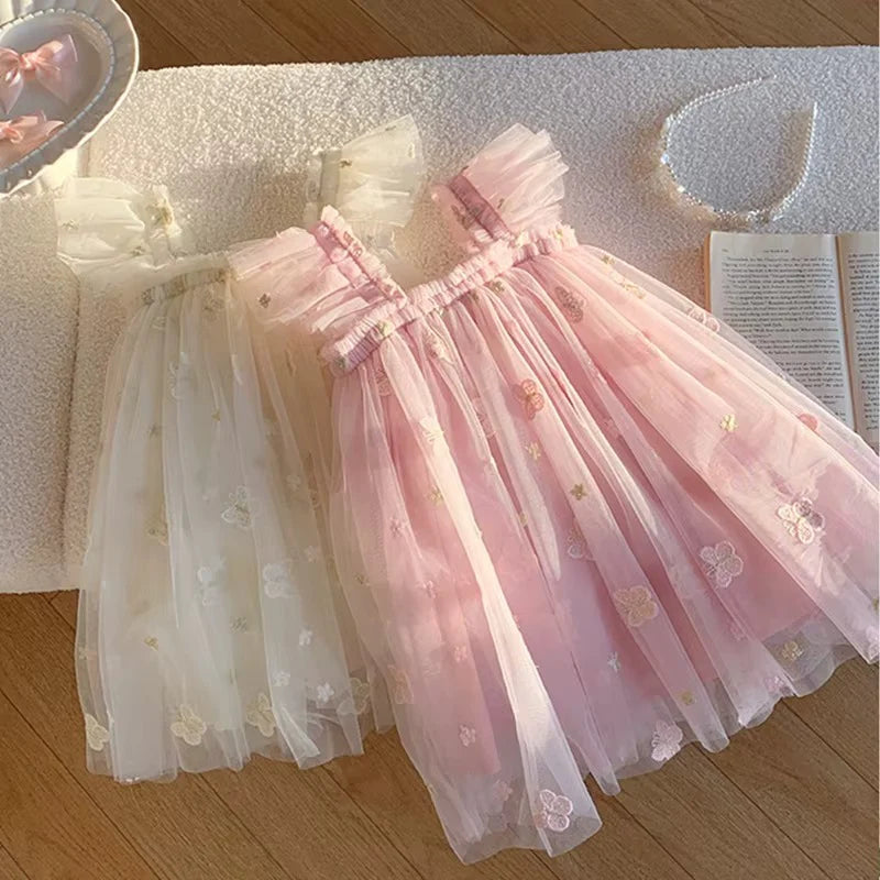 Kinderkleid „Mariposa“ mit Tüll und Blumenstickerei – Rosa & Beige