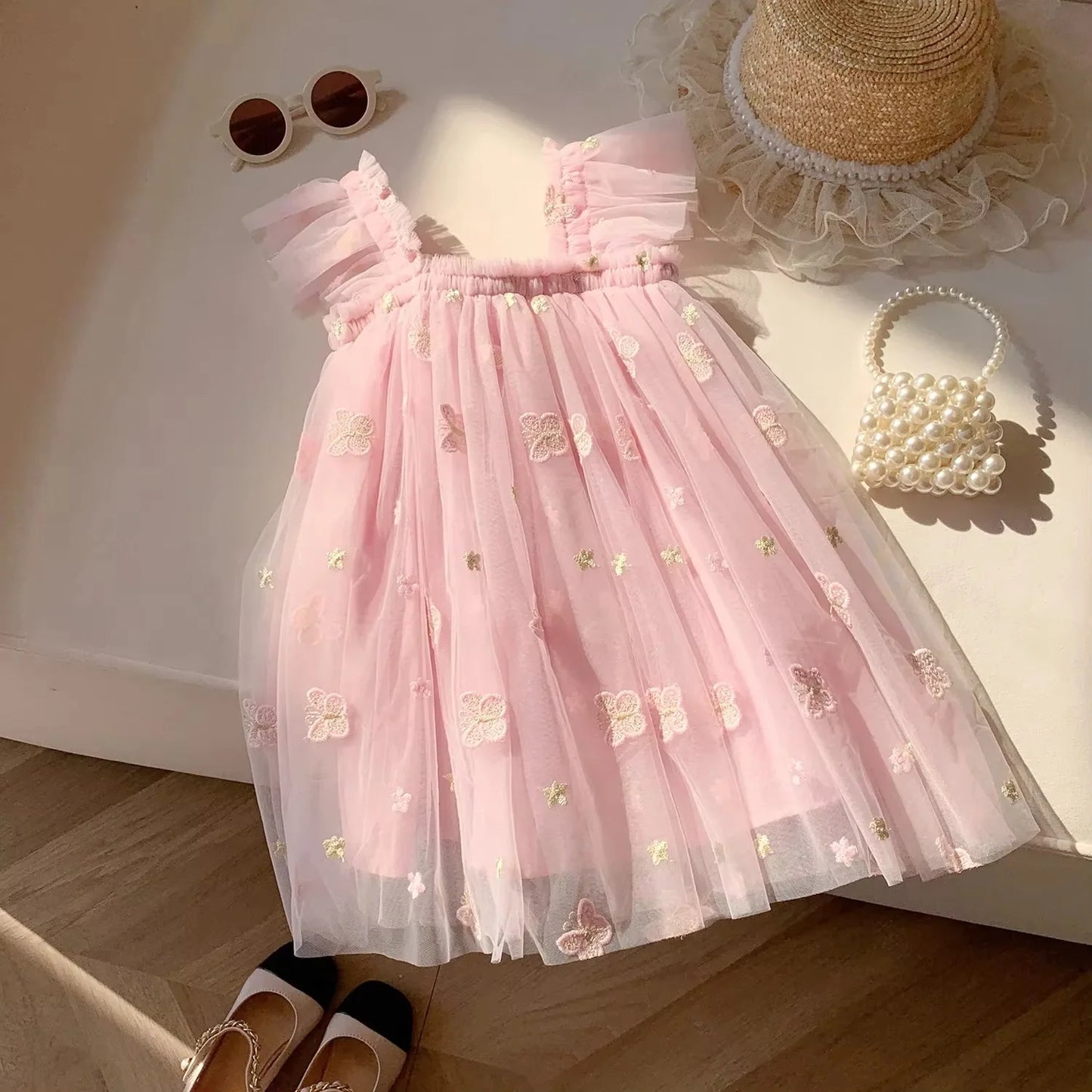 Kinderkleid „Mariposa“ mit Tüll und Blumenstickerei – Rosa & Beige