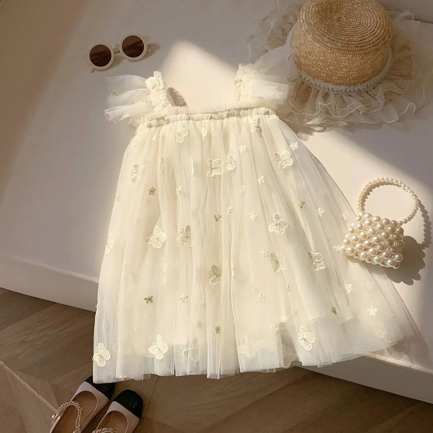 Kinderkleid „Mariposa“ mit Tüll und Blumenstickerei – Rosa & Beige